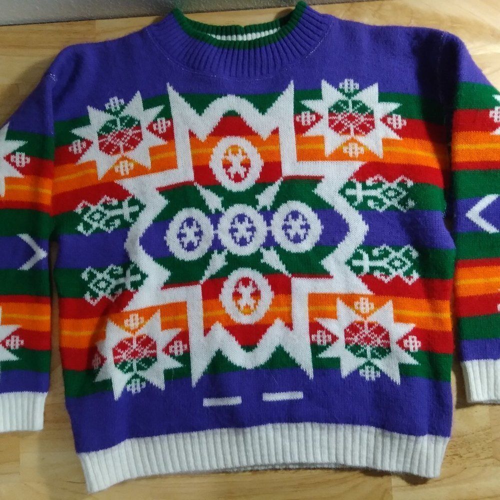 Vintage Knitwaves Nordic Pattern Rainbow Stripes Crewneck Sweater